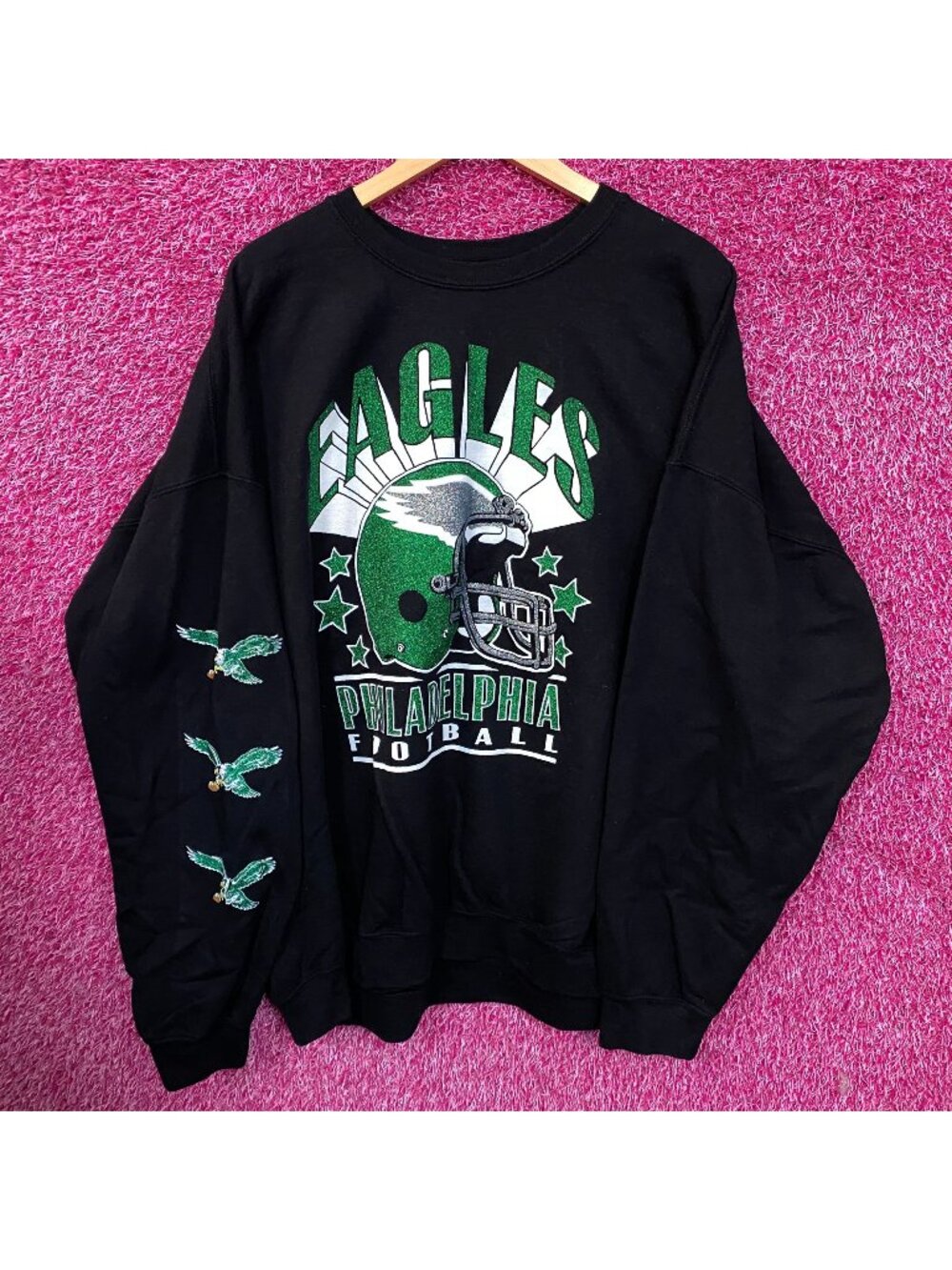 Junk Food Clothing Philadelphia Eagles Glitter Helmet Flea Market Crewneck Fleec